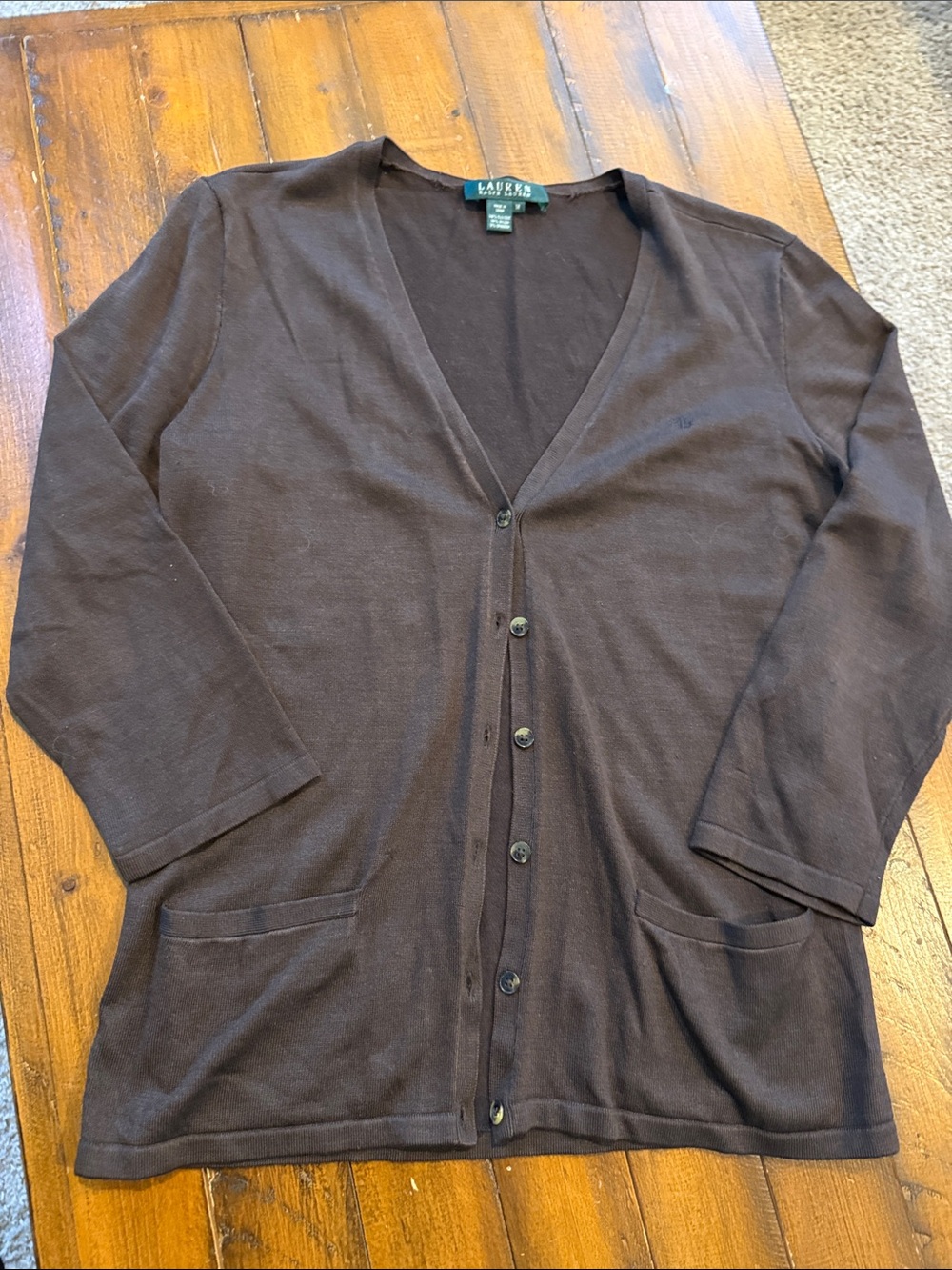 Lauren Ralph Lauren Dark Brown V-Neck Button Cardigan